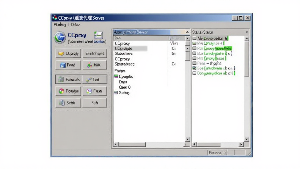 一张展示 CCproxy(遥志代理服务器)软件主界面的图片,画面中央是软件窗口,左侧为功能按钮区,右侧为账号管理与状态显示区域,界面风格为经典 Windows 桌面应用,整体色调以灰白蓝为主,背景干净整洁,无多余装饰元素,画质清晰,适合软件下载站展示使用