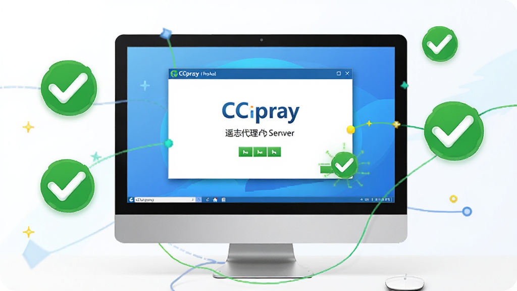 一张以 CCproxy(遥志代理服务器)轻量部署为主题的图片,画面中一台普通台式电脑屏幕上显示 CCproxy 安装完成界面,周围有代表稳定运行的绿色对勾图标,整体风格清新简约,色调明亮,布局居中,画质干净,适合下载站配图使用
