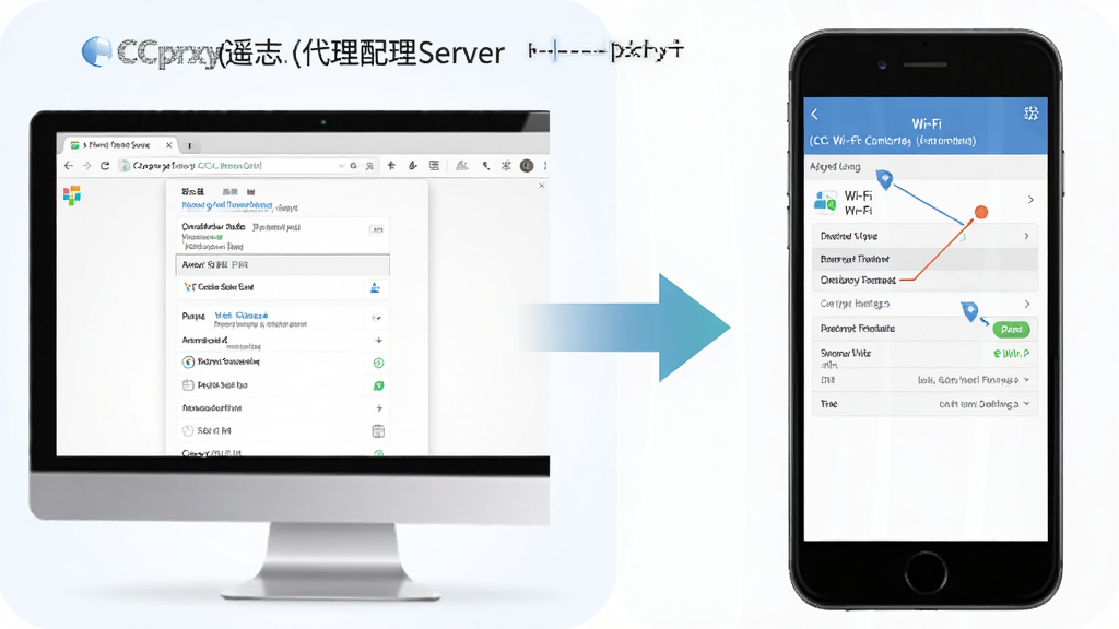 一张展示 CCproxy(遥志代理服务器)在电脑端和手机端同时配置代理设置的对比示意图,左侧为电脑浏览器代理设置界面,右侧为手机 Wi-Fi 代理设置界面,中间用箭头连接,整体风格简洁明了,色调清爽,布局对称,画质清晰无多余元素