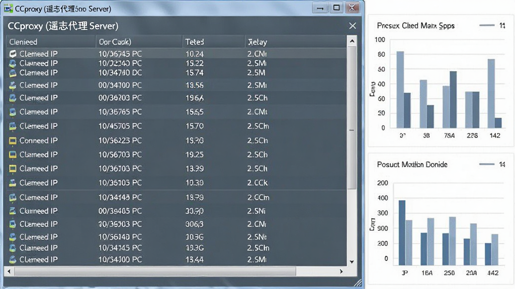 一张展示 CCproxy(遥志代理服务器)实时监控与日志功能的图片,画面中软件窗口显示多条连接记录列表,包含客户端 IP、访问地址、流量大小等字段,旁边有简洁的图表辅助展示,整体风格专业商务,色调偏冷灰蓝,排版整齐,画质清晰,无杂乱元素