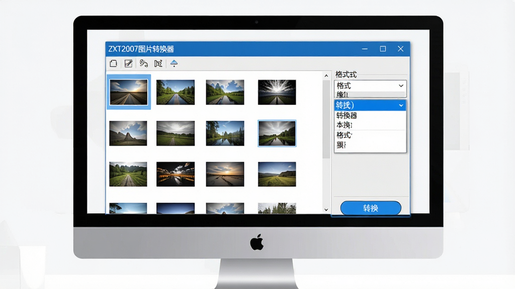 一张展示ZXT2007图片转换器软件界面的图片,主体为电脑屏幕上打开的软件窗口,窗口内显示多张图片缩略图列表和格式选择下拉菜单,布局为居中展示,排版简洁清晰,风格为现代扁平化科技风,细节包括软件名称“ZXT2007图片转换器”显示在窗口标题栏,转换按钮为蓝色高亮,画质清晰干净,无多余元素