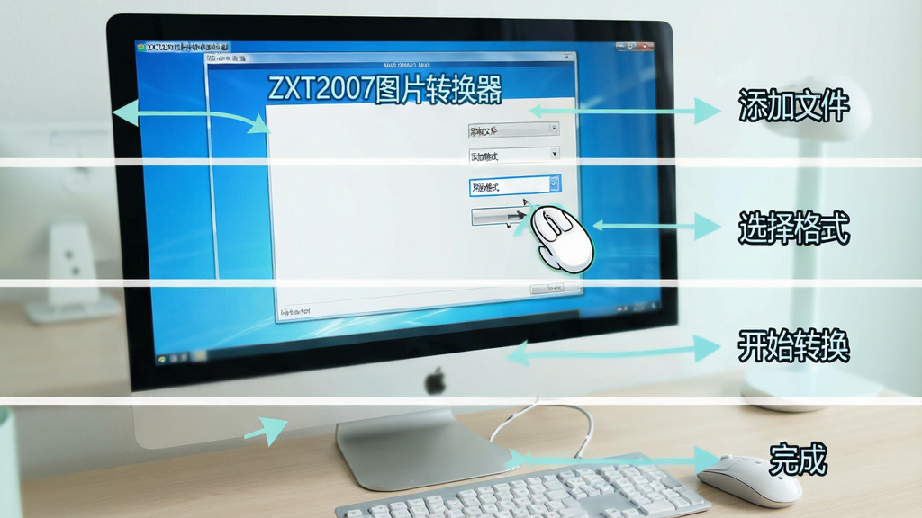 一张展示ZXT2007图片转换器操作步骤的图片,主体为电脑屏幕显示软件界面和鼠标操作示意图,布局为分步骤展示,排版为从上到下四个步骤,风格为清新浅色风,细节包括“ZXT2007图片转换器”名称和“添加文件”“选择格式”“开始转换”“完成”等文字标注,画质清晰干净无多余元素