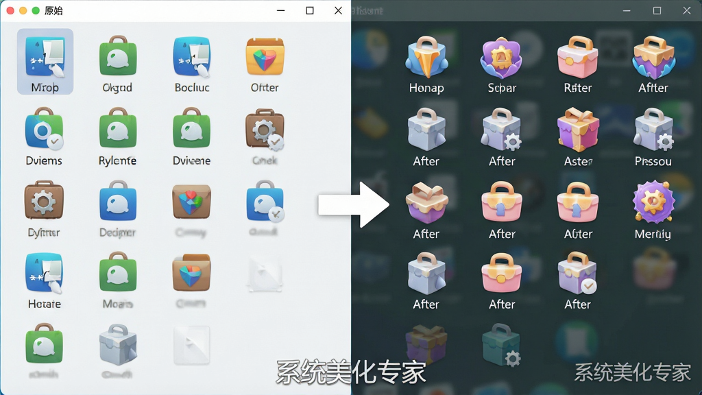 AI生成一张桌面图标替换功能的示意图,画面主体为电脑桌面上的图标排列,左侧显示原始系统图标,右侧显示替换后的精美图标,中间用箭头连接,布局为左右对比结构,风格为清新扁平化设计,细节包含
