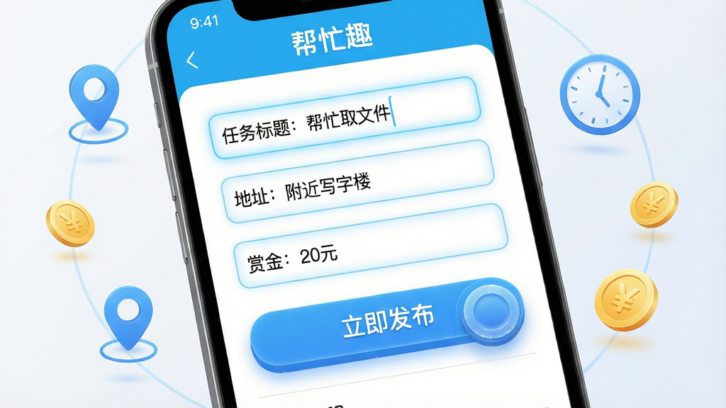 ��������Ϊ����æȤ��APP�����񷢲����棬�ֻ���Ļ������һ����д���������������������������⣺��æȡ�ļ���������ַ������д��¥�������ͽ�20Ԫ�����ֶΣ��·���һ����Ŀ�ġ�������������ť�����ֲ����ֻ���д����Χ���ƵĶ�λͼ�ꡢʱ��ͼ������ͼ�ꡣ���Ϊ��ˬ�Ƽ��磬ϸ���ϱ���������е���ɫ���Σ���ť�а�ѹ�ʸС�����Ϊ8K���壬����ɾ����޶���Ԫ�ء�