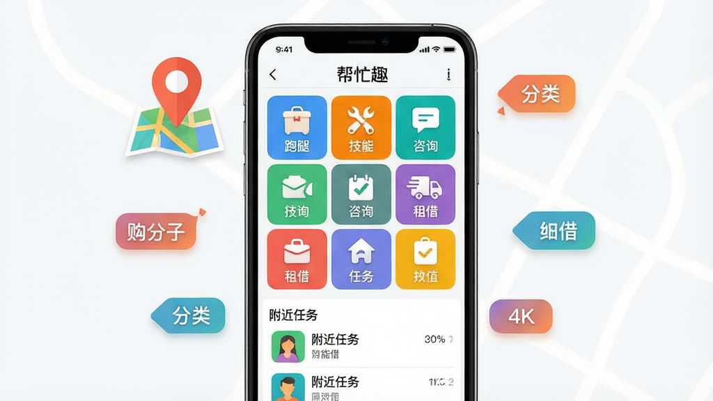 ��������Ϊ����æȤ��APP���������ҳ�棬�ֻ���Ļչʾ�Ź���ͼ�꣬�ֱ��ע�����ȡ��������ܡ�������ѯ��������衱���������·��С����������б�������Ϊ�ֻ�����չʾ����Χ�е�ͼ��λ��������ǩƯ�������Ϊ���ñ�ƽ�磬ϸ����ͼ��ɫ����������������������Ϊ4K���壬����ɾ����޶���Ԫ�ء�