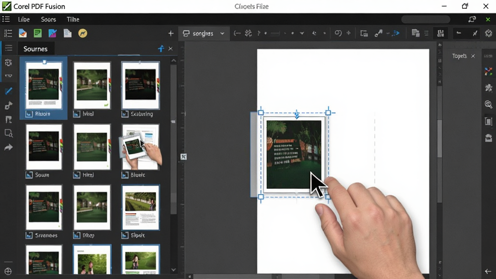 һ��չʾ Corel PDF Fusion ��ק��װҳ���ͼƬ������Ϊ�����������û��������קһ��ҳ������ͼ�����ĵ����򣬲���Ϊ���ҷ��������ΪԴ�ļ�ҳ��⣬�Ҳ�ΪĿ���ĵ��༭�����Ű�ֱ�ۣ����Ϊдʵ������ͼ�磬ϸ�ڰ������ָ�롢ҳ������ͼ������λ��ָʾ�ߣ����ʸ��壬�ɾ����޶���Ԫ�ء�