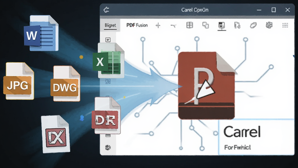 һ��չʾ Corel PDF Fusion ��ʽת�����ܵ�ͼƬ������Ϊ�ļ���ק���������ڵĶ���ʾ�⣬����Ϊ�������ͬ��ʽ�ļ�ͼ���������� PDF ͼ�꣬�Ű涯�У����Ϊ��ƽ���Ƽ��廭�磬ϸ�ڰ��� Word��Excel��JPG��DWG ��ͼ�������ɱ棬���ʸ��壬�ɾ����޶���Ԫ�ء�