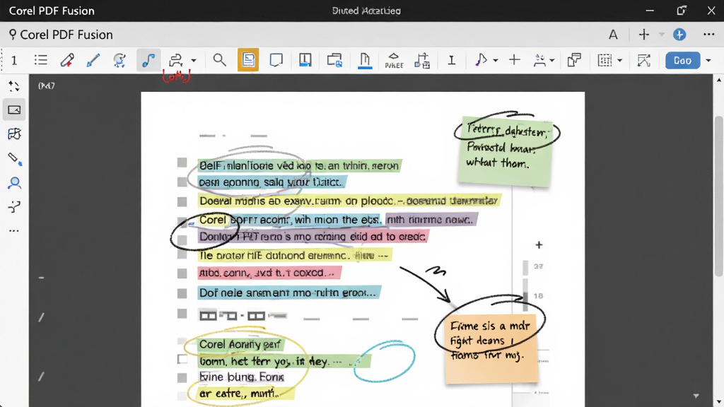 һ��չʾ Corel PDF Fusion �༭��ע�͹��ܵ�ͼƬ������Ϊ����������һ�ݴ򿪵�PDF�ĵ��������и����ı�����ǩע�ͺ��ֻ�Ȧע������Ϊȫ���ĵ�չʾ���Ű����������Ϊ�ִ��칫�����磬ϸ�ڰ����������е�ע�͹���ͼ�ꡢ��ɫ������ǣ����ʸ��壬�ɾ����޶���Ԫ�ء�