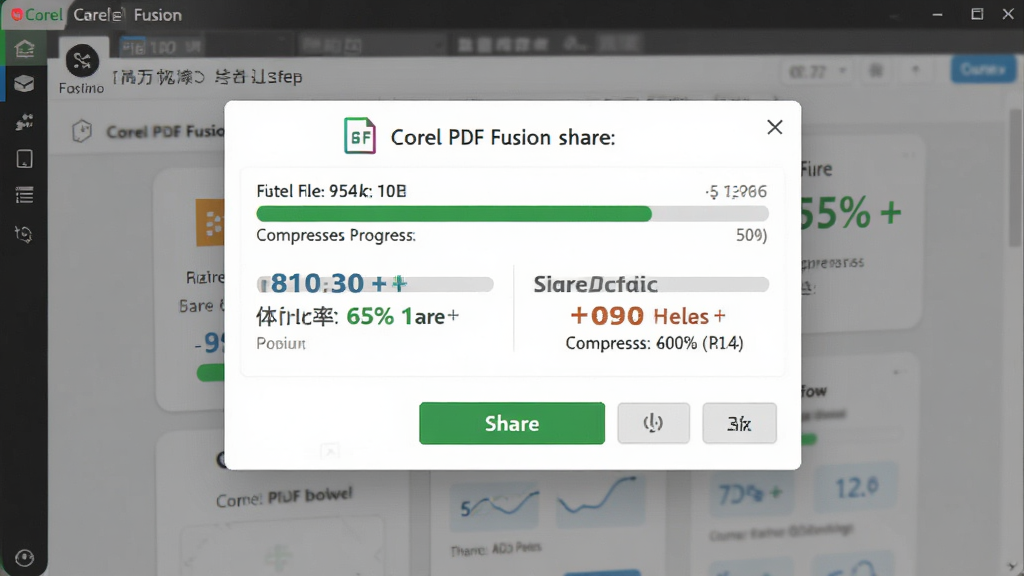 һ��չʾ Corel PDF Fusion �ļ�ѹ���빲�����ܵ�ͼƬ������Ϊ������������ʾ�ļ�ѹ��������������Ա����ݣ�����Ϊ���뵯��ʽ�Ի����Ű��࣬���Ϊ������UI��Ʒ磬ϸ�ڰ���ѹ��ǰ���ļ���С���֡�ѹ���ʰٷֱȡ�������ť�����ʸ��壬�ɾ����޶���Ԫ�ء�
