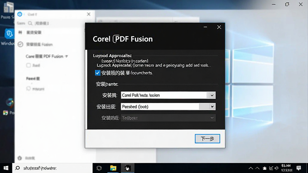 һ��չʾ Corel PDF Fusion �� Windows �����ϰ�װ���̵�ͼƬ������Ϊ��װ�򵼶Ի��򣬲���Ϊ���е������Ű��࣬���Ϊдʵ������װ����磬ϸ�ڰ�������һ������ť������Э�鹴ѡ�򡢰�װ·��ѡ���������ʸ��壬�ɾ����޶���Ԫ�ء�