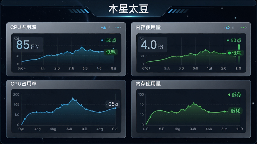 木星太豆的性能监控示意图,主体为软件运行时的资源占用仪表盘,布局左侧为CPU占用率、右侧为内存使用量,排版对称分布,风格科技感十足,细节包含折线图、数值标签、绿色低耗标识,画质高清干净,无多余元素,画面中显示文字“木星太豆”