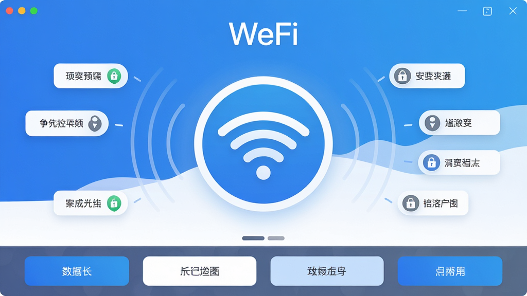 WeFi����������չʾ������ΪԲ��WiFi�ź�ͼ����У���Χ���ƶ���ȵ����Ʊ�ǩ�����ֲ������·ֲ�ṹ���Ϸ�Ϊ��������WeFi���·�Ϊ���ܰ�ť�����Ű������������Ϊ�ִ��Ƽ���ƽ����ƣ�ϸ�ڰ������׽��䱳�����źŲ������������ΰ�ȫ��ʶ�����ʸ���ɾ��޶���Ԫ��