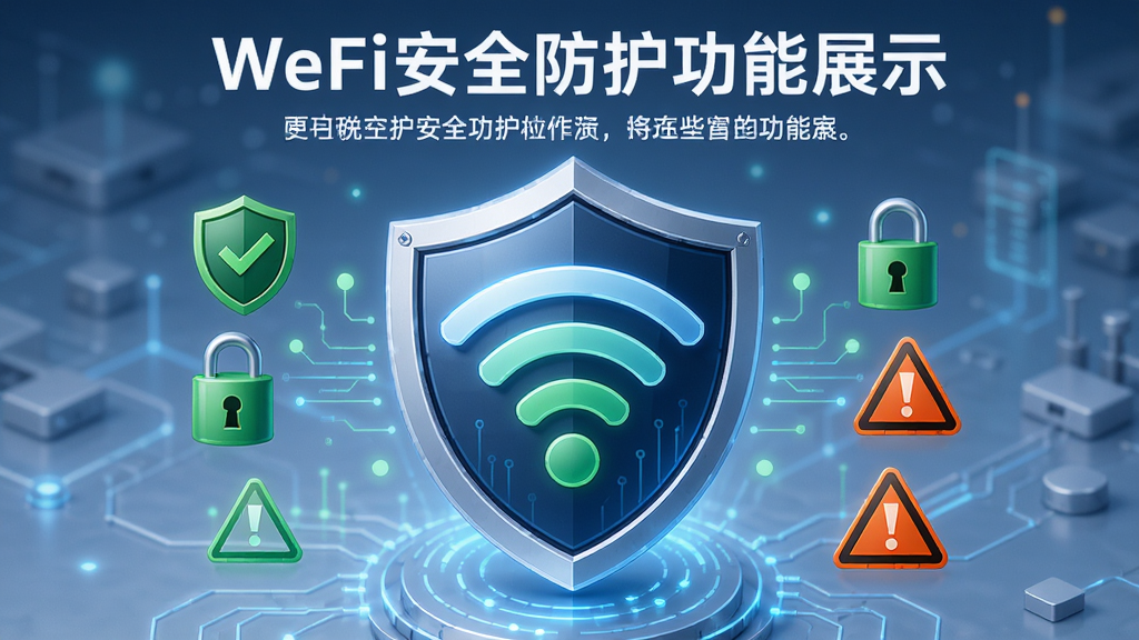 WeFi��ȫ��������չʾ������Ϊ����ͼ����WiFi�źŽ�ϣ����־��жԳƣ��Ű��Ϸ�Ϊ�����·�Ϊ˵�����֣����Ϊ��ȫ�Ƽ�����ƣ�ϸ�ڰ�����ɫ��ȫ��ʶ��������ͼ�ꡢ��ʾ���Ƿ��ţ����ʸ���ɾ��޶���Ԫ��