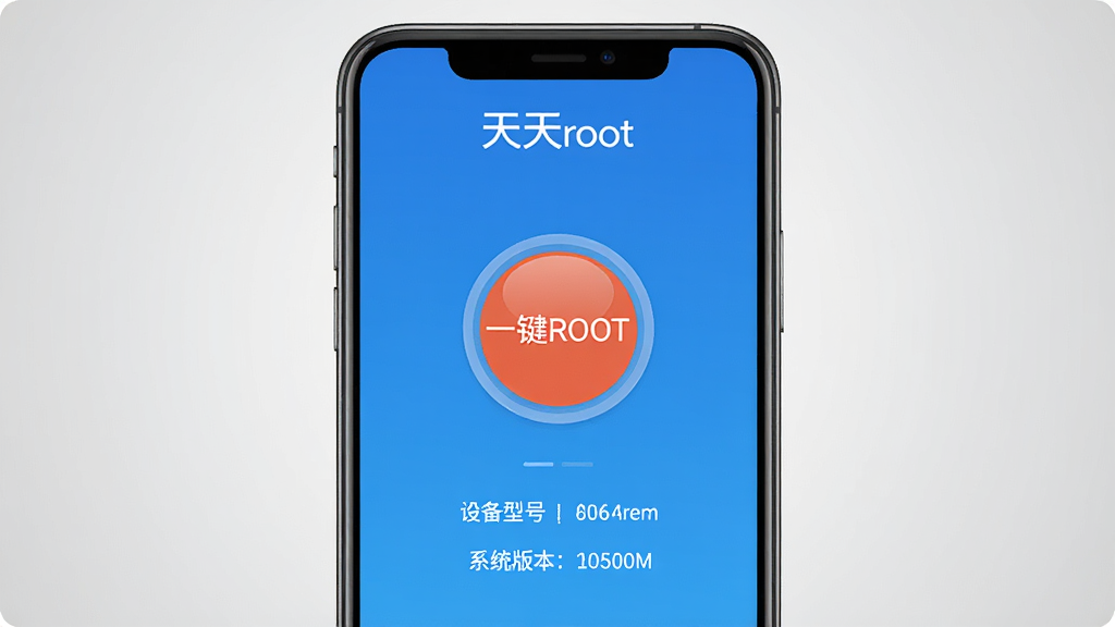 天天root软件主界面截图,画面中央展示手机屏幕,屏幕内呈现简洁的蓝色调操作界面,顶部有