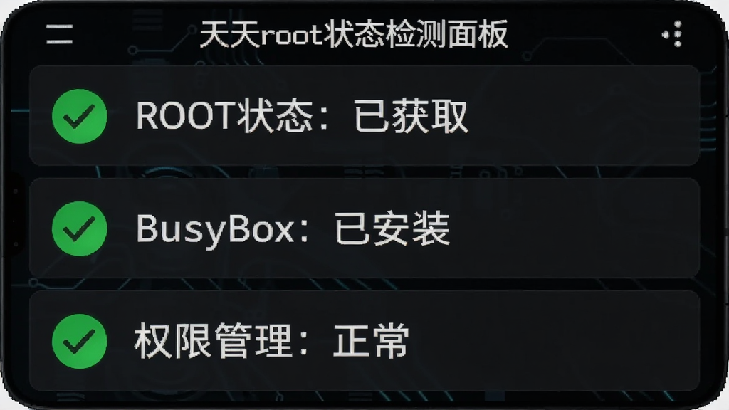 天天root状态检测面板,手机屏幕显示多项状态指标,包括