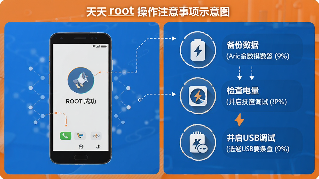 天天root操作注意事项示意图,画面左侧展示手机ROOT成功后的界面,右侧列出备份数据、检查电量、开启USB调试等要点图标,整体采用信息图风格,配色以蓝色和橙色为主,布局左右分栏,细节清晰,画质高清,无多余装饰元素