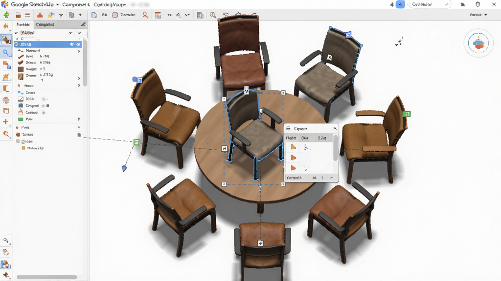һ�� Google SketchUp �����Ⱥ�����ʾ��ͼ�����������Ƕ����ͬ���������Χ��һ��Բ�����У�����һ�����ӱ�ѡ�в���ʾ�༭�򣻲���Ϊ���ӽǶȣ����֮�����������ӱ�ʾ������ϵ���Ű�ͻ��������ø�����Ϊ��ˬ����������磻ϸ�ڰ��������塢Ⱥ��߿򡢲�����ɫ����Ӱ�������������ɾ����࣬�޶���Ԫ�ء�