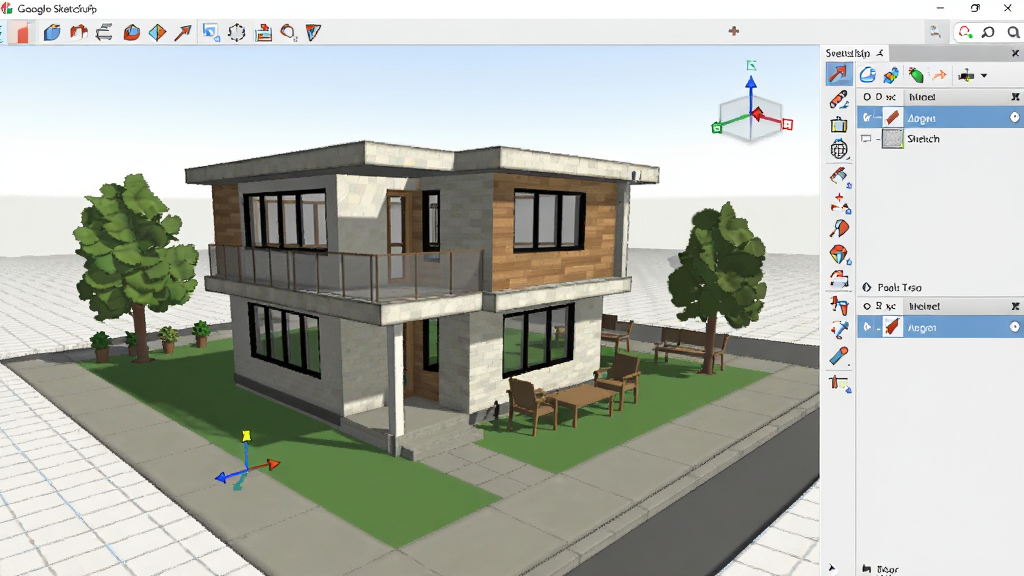 һ��չʾ Google SketchUp �����������ά��ģ����ͼ������������һ���ִ�����סլ������ģ�ͣ�ģ�ͷ�������������ϣ���Χ����ľ�����е��ͼ򵥵ļҾ���������ֲ��þ��й�ͼ��ģ��ռ�ݻ�������ƫ��λ�ã��Ҳ�����������������ͼ������ʾ�������Ű���ģ�������Ԫ�ط������������Ϊ�ɾ�������������ͼ���ϸ�ڰ�����������ͼ�ꡢ��ɫ�����ᡢ��ӰͶ��Ͳ�����ͼ�������������ɾ����࣬�޶���Ԫ�ء�