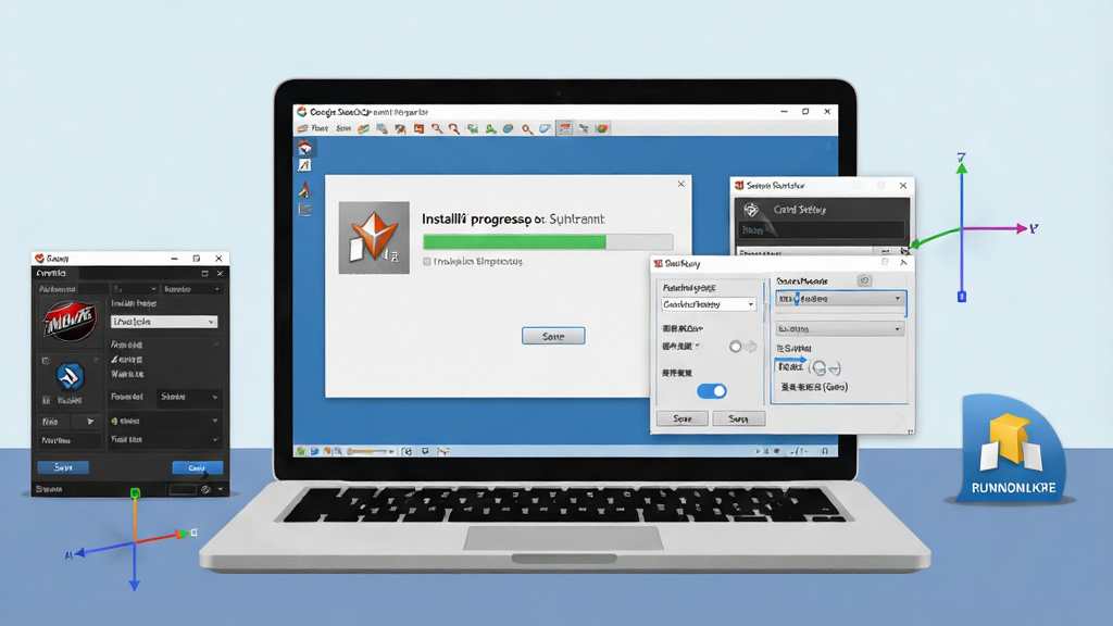 һ�� Google SketchUp ���Զ˰�װ�������Ż�ʾ��ͼ������������һ̨�ʼǱ�������Ļ����ʾ������װ���������Ա������пⰲװ���ں��Կ�������壻����Ϊ���泡�����ʼǱ����У��Ҳ�������п�ͼ�꣬�������Կ�������壻�Ű����ࣻ���Ϊ����Ƽ��磻ϸ�ڰ�����װ·��ѡ���Ӳ�����ٿ��ء����水ť�������᣻�����������ɾ����࣬�޶���Ԫ�ء�