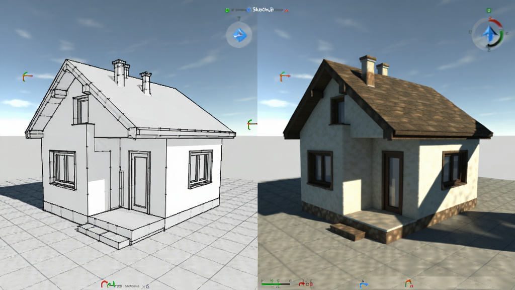 һ�� Google SketchUp ��ʽ����Ӱ����չʾͼ������������ͬһ��С����ģ�ͷֱ����߿���ʽ����ͼ��ʽ����չʾ���Ҳ�ģ�ʹ������Ե�������Ӱ������Ϊ���ҶԱȣ��Ű����룻���Ϊ�������ַ磻ϸ�ڰ�����Ӱ���򡢲��������������������ձ����������������ɾ����࣬�޶���Ԫ�ء�