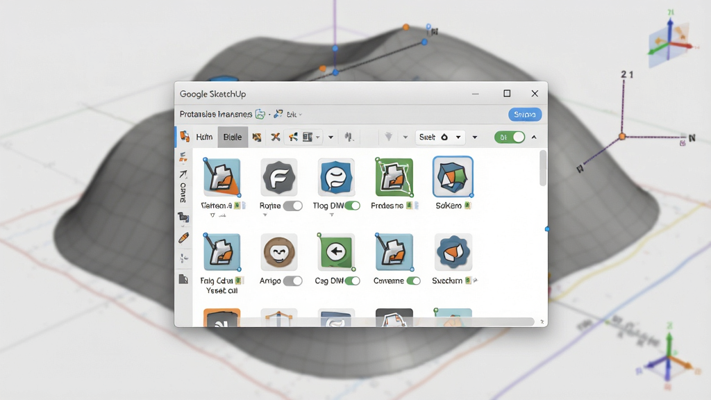 һ�� Google SketchUp �����̬��չʾ��ͼ���������������������д���չ������������ڣ��������г�������ͼ�꣬���������ڱ༭������ģ�ͣ�����Ϊ���ھ��У�ģ����Ϊ�����黯���Ű����������Ϊ�Ƽ����������棻ϸ�ڰ���������ơ����ÿ��ء�������Ƶ�������᣻�����������ɾ����࣬�޶���Ԫ�ء�