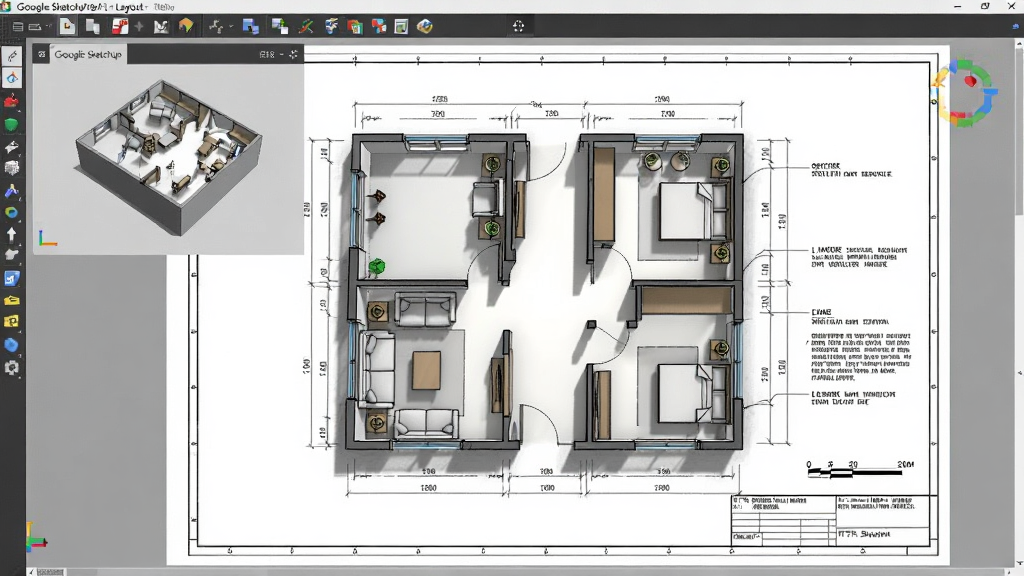 һ�� Google SketchUp �� LayOut ������ͼʾ��ͼ������������һ������ƽ�沼��ͼֽ��ͼֽ�ϰڷ������� SketchUp �ļҾ�ģ�ͣ��Ա��гߴ��ע������˵��������Ϊͼֽ���У�ģ���ӿ������Ͻǣ��Ű�淶�����Ϊרҵͼֽ�磻ϸ�ڰ���ͼ�򡢱������������ߺ���Ӱ�������������ɾ����࣬�޶���Ԫ�ء�