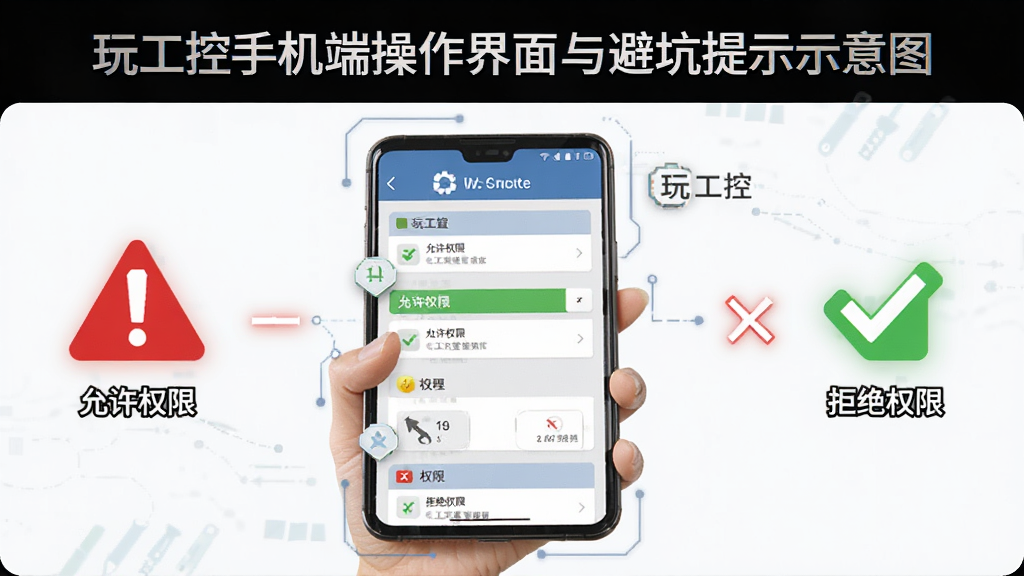 �湤���ֻ��˲���������ܿ���ʾʾ��ͼ����������Ϊ�ֳ������ֻ�����Ļ��ʾ���湤�ء���Ȩ������ҳ�棬�Ա��к�ɫ��ʾͼ������ɫ�Թ�ͼ��Աȣ�����Ϊ���ҶԱ�ʽ�����Ϊ��Ϣͼ���磬ϸ�ڰ������ֱ�ע������Ȩ�ޡ��롰�ܾ�Ȩ�ޡ������֣����ʸ��壬�ɾ����޶���Ԫ��