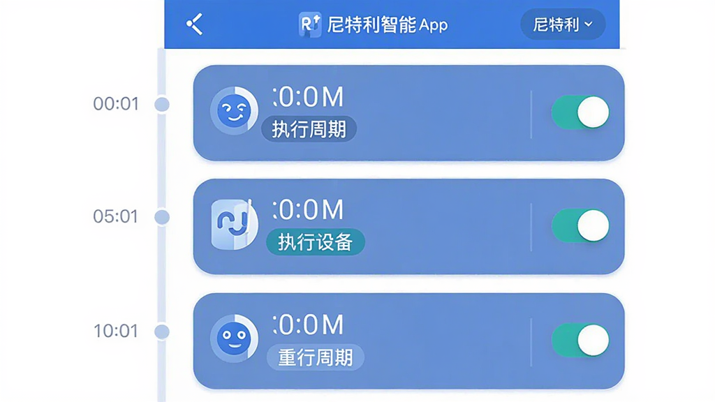 ����������������App�Ķ�ʱ�����б����棬����Ϊ����ʱ�������У��Ű���ÿ������Ƭ��ʾͼ�ꡢʱ�䡢ִ���豸�����Ϊ����ճ̹������ϸ�ڰ������ذ�ť���ظ����ڱ�ǩ������������Logo������Ϊ����UIչʾ���ɾ��޶���Ԫ��
