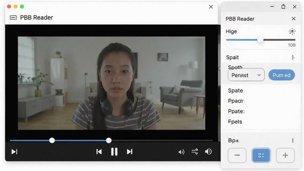 һ��չʾPBB Reader��������뱶�ٲ��Ź��ܵ�ͼƬ����������ΪPBB Reader���������ڣ��Ҳ൯�������������뱶��ѡ��˵�����������Ƶ��������������Ϊ���ҷ���ʽ�����Ϊ�ִ���ƽ����ƣ�ϸ�ڰ������Ȼ��顢����ѡ���б������ſ��ư�ť�����ʸ��壬�ɾ����޶���Ԫ��