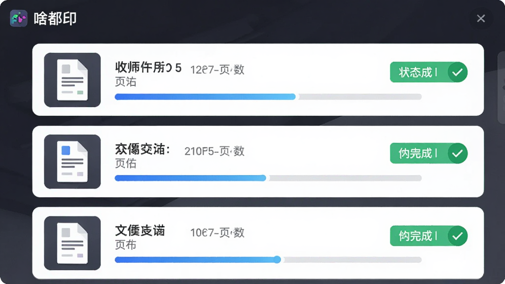软件名称为“啥都印”,画面主体为软件的任务管理面板以卡片列表形式展示多个打印任务,布局为纵向列表布局,排版每张卡片左侧为文件缩略图、中间为文件名和页数、右侧为状态标签,风格为现代扁平化UI设计风,细节包含进度条使用渐变蓝色、已完成任务带有绿色对勾图标,画质为1080P高清、干净、无多余元素。
