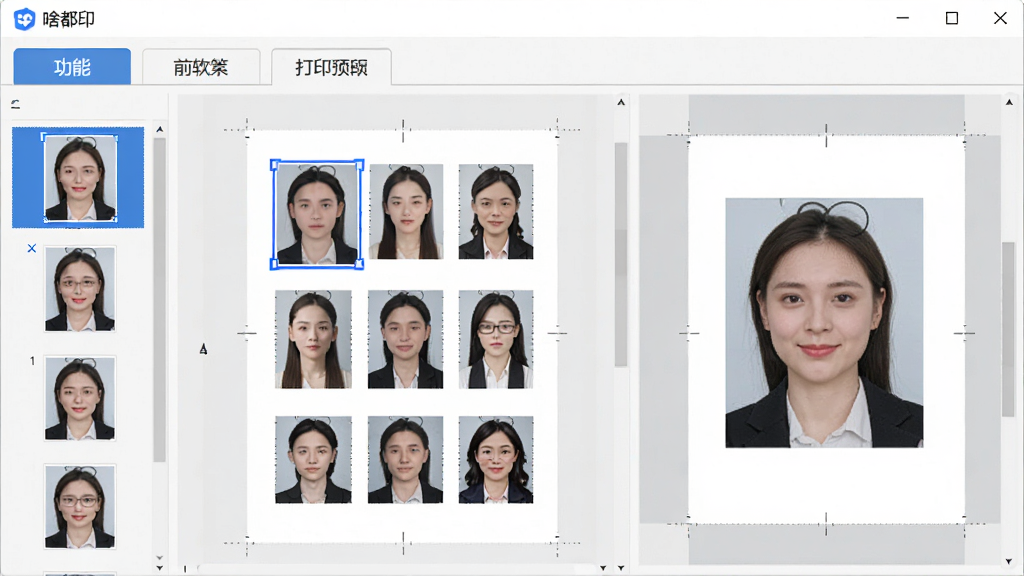 软件名称为“啥都印”,画面主体为软件界面上展示着多张证件照自动排版到一张A4纸上的预览效果,布局为上下结构,上方是功能选项卡,下方是排版预览区,排版左侧为原图缩略图列表、右侧为打印预览窗口,风格为写实软件界面截图风,细节包含选中的照片带有蓝色高亮边框、纸张边缘显示裁切线标记,画质为2K高清、干净、无多余元素。