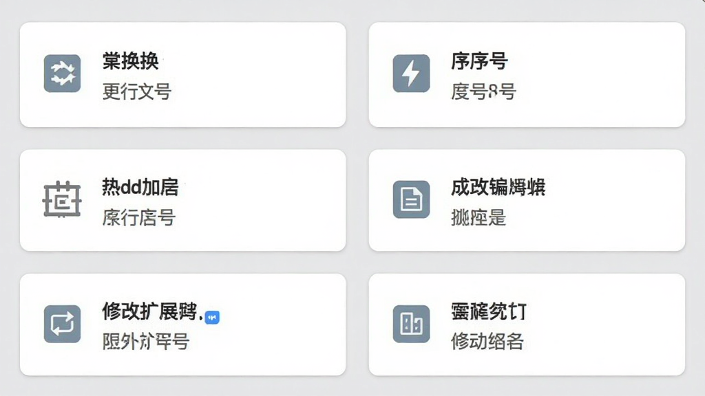 一张展示完美文件名批处理器规则编辑界面的图片,画面中排列着多个规则卡片,包括替换、添加序号、修改扩展名等选项,背景为浅灰色,风格为扁平化设计,细节包含清晰的图标与文字标签,画质清晰,干净,无多余元素