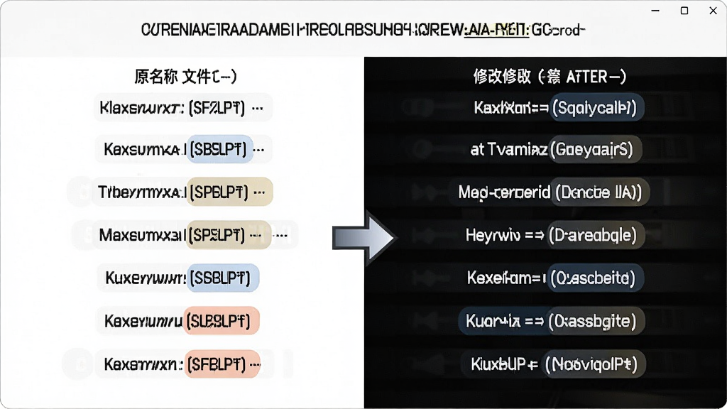 一张展示完美文件名批处理器预览对比界面的图片,画面分为左右两栏,左侧为原文件名,右侧为修改后的文件名,中间有箭头指示,背景为白色,风格为清爽商务风,细节包含高亮显示的变化部分,画质高清,干净,无多余元素