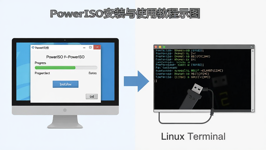 PowerISO安装与使用教程示意图:画面分为左右两部分,左侧是电脑端安装向导界面,右侧是移动端或Linux终端安装命令界面,中间用箭头连接,布局为左右对比,风格为扁平化教程风,细节包括安装按钮、进度条、终端命令行和U盘图标,画质清晰干净,无多余元素