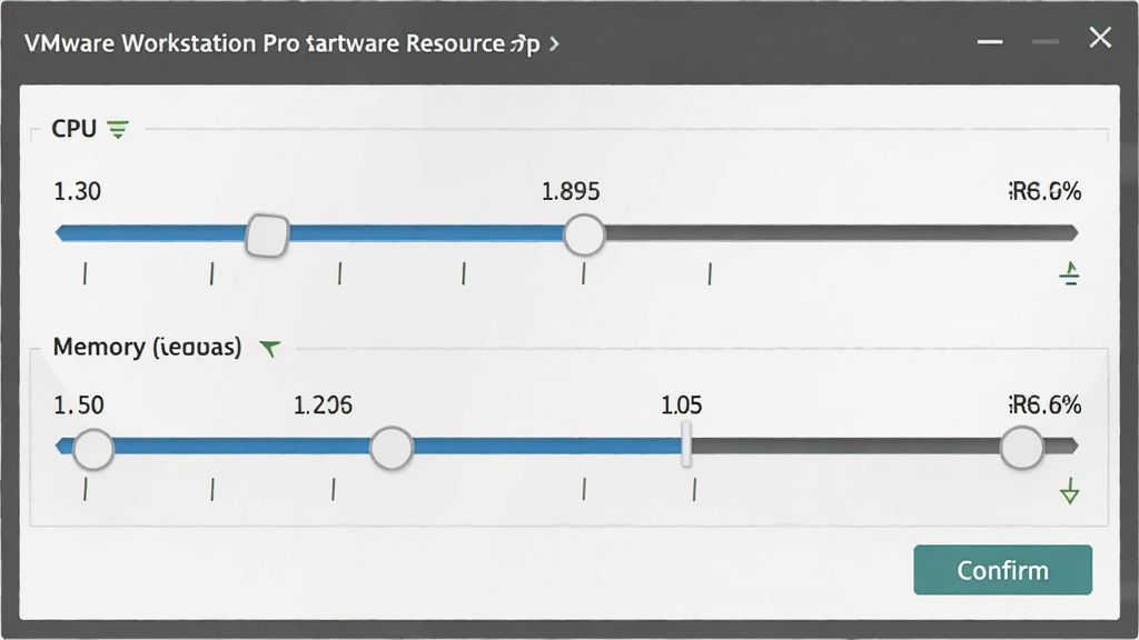VMware Workstation Pro Ӳ����Դ�������ʾ��ͼ������Ϊ CPU ���ڴ滬����ڽ��棬���־��У��Ű�Գƣ������ֱ�ۣ�ϸ�ڰ�����ֵ�̶ȡ�ʵʱռ������ȷ�ϰ�ť�����ʸ��壬�ɾ����޶���Ԫ��