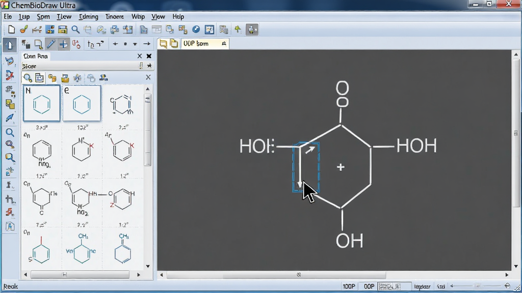 ChemBioDraw Ultra软件界面特写,左侧为工具栏与模板面板,右侧画布上正在绘制一个含氮杂环化合物,鼠标指针停留在环己烷模板图标上,界面配色为浅灰与蓝色,风格为软件截图风格,细节清晰显示菜单栏与状态栏,画质1080P干净无多余元素