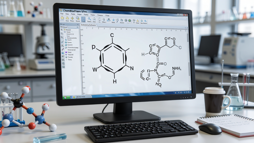 化学实验室场景中一台电脑屏幕显示ChemBioDraw Ultra软件界面,屏幕中央是清晰的苯环与氨基酸分子结构式,桌面摆放分子模型与实验记录本,整体光线明亮,布局采用三分法构图,风格为写实科研摄影,细节包括屏幕反光、键盘按键与咖啡杯,画面干净整洁,画质4K超清,无多余杂乱元素
