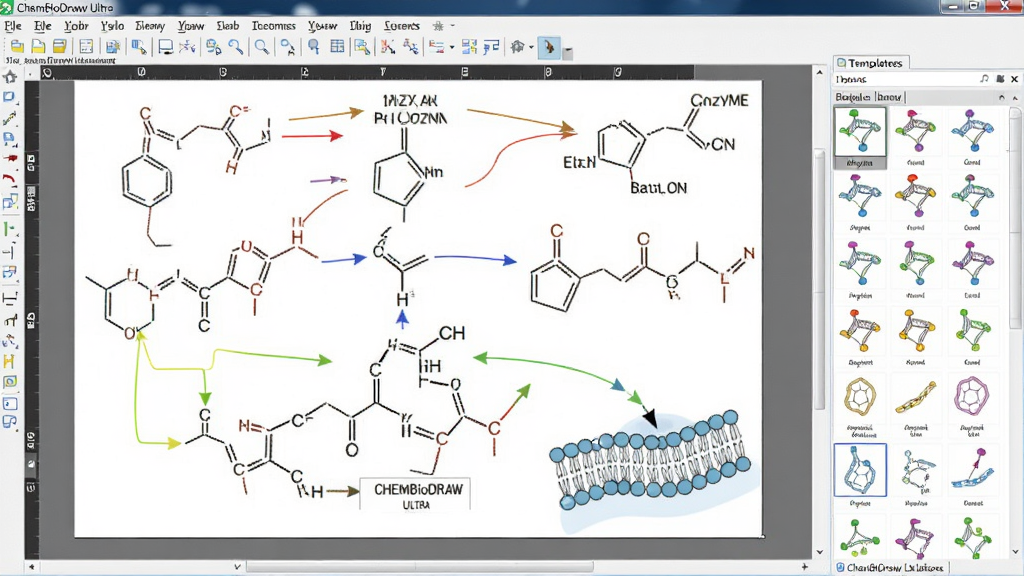 ChemBioDraw Ultra画布上展示生物代谢通路示意图与化学结构式混合排版,包含箭头、酶名称与细胞膜图形,界面右侧显示生物模板库,风格为科研插图软件界面,细节包括彩色路径线条与标签文字,画质高清,画面整洁无多余元素