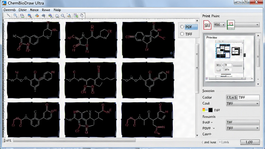 ChemBioDraw Ultra导出设置窗口与画布上整齐排列的多个化学结构式,界面显示PDF与TIFF格式选项,旁边有打印预览缩略图,风格为软件操作界面写实截图,细节包括分辨率数值与色彩模式下拉菜单,画质清晰,画面干净无多余元素