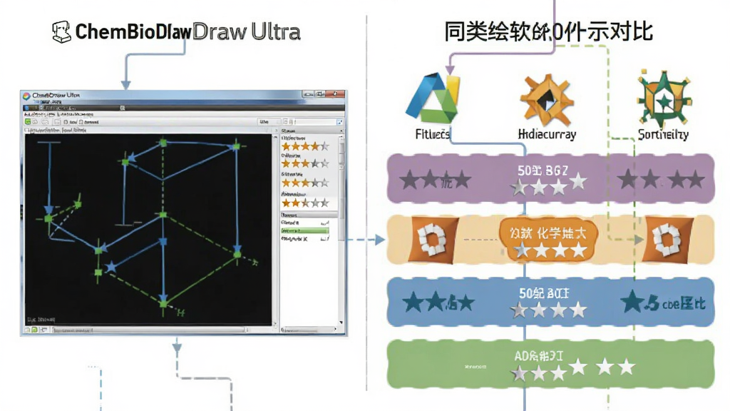ChemBioDraw Ultra与同类化学绘图软件对比示意图,左侧为ChemBioDraw Ultra界面,右侧为其他软件图标与功能标签,布局为左右分栏,风格为信息图表设计,细节包括星级评分与颜色区分,画质清晰干净,无多余元素