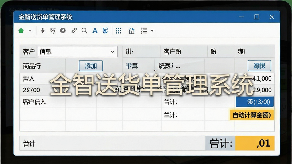一张展示金智送货单管理系统智能开单界面的特写图,主体为软件中的送货单编辑窗口,布局为上方工具栏、中部表格录入区、下方合计栏,排版整齐,风格为现代商务软件界面,细节包含客户信息下拉选择、商品行添加按钮、自动计算金额高亮显示,画面中带有“金智送货单管理系统”字样,画质清晰,干净无多余元素