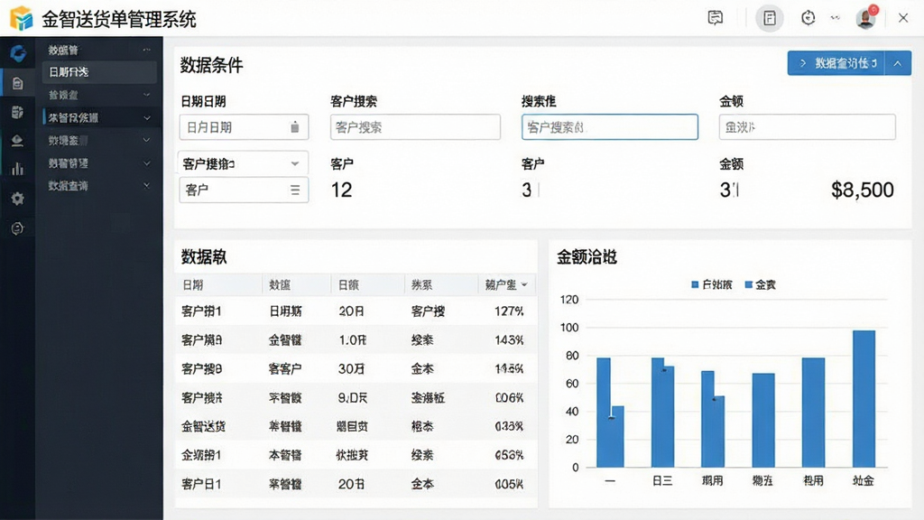 一张展示金智送货单管理系统数据查询与统计界面的图片,主体为软件中的数据筛选面板和统计图表区域,布局为上方筛选条件、下方数据列表和柱状图,排版清晰,风格为数据分析仪表盘风格,细节包含日期选择器、客户搜索框、金额汇总数字,画面中带有“金智送货单管理系统”字样,画质清晰,干净无多余元素
