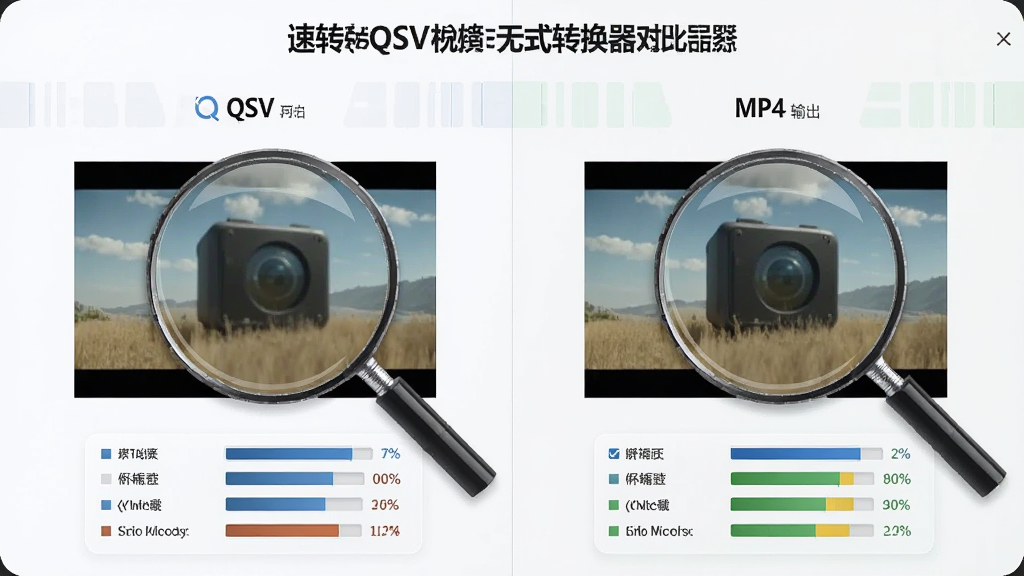 一张展示速转QSV视频格式转换器无损转换效果的图片,主体为转换前后画质对比示意,布局左侧为QSV原文件右侧为MP4输出文件,排版为左右对比形式,风格为写实科技风,细节包括画面细节放大镜、参数对比列表,画质高清,干净,无多余元素