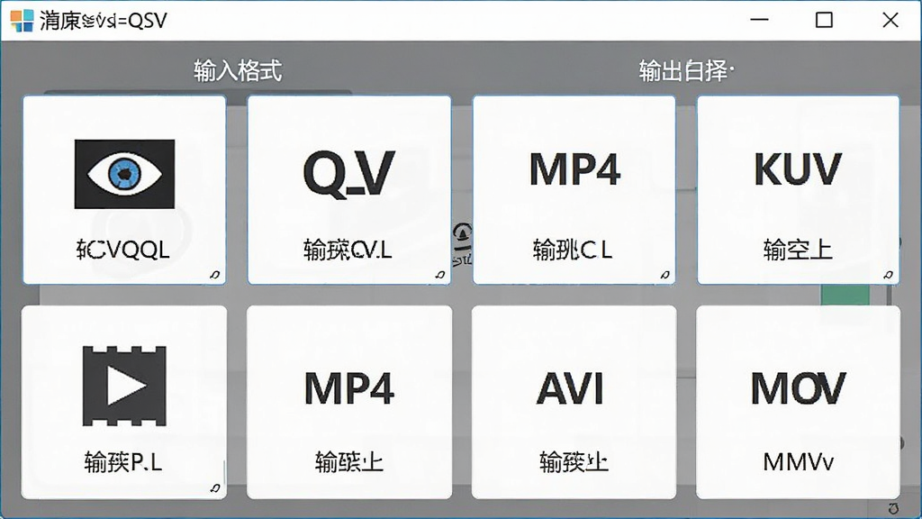 一张展示速转QSV视频格式转换器格式兼容性的图片,主体为软件界面中输入格式与输出格式的选择区域,布局为上方输入格式图标下方输出格式图标,排版呈矩阵排列,风格为简洁现代,细节包括QSV、QLV、KUX等输入标识和MP4、AVI、MOV等输出标识,画质清晰,干净,无多余元素