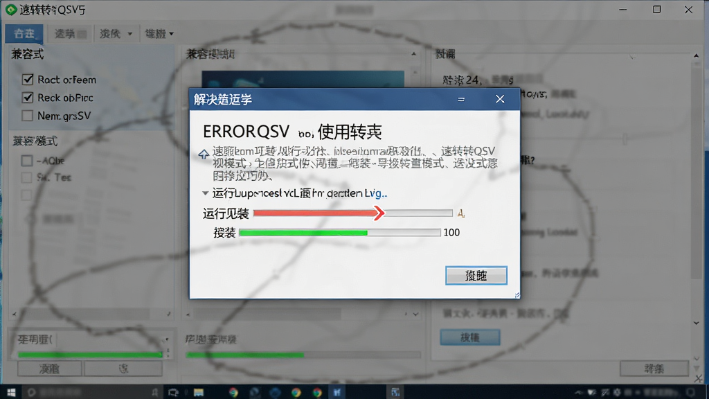 一张展示速转QSV视频格式转换器使用技巧的图片,主体为电脑屏幕显示软件设置界面与错误提示解决弹窗,布局为居中弹窗搭配背景软件界面,排版清晰,风格为写实软件截图风,细节包括兼容模式勾选项、运行库安装提示、进度条,画质高清,干净,无多余元素
