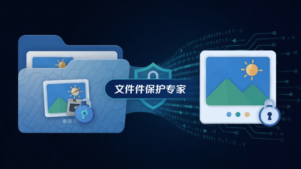 AI生图,画面主体为一个文件夹图标正在变成一张图片图标的渐变过程,中间有“文件保护专家”标识,背景为深色渐变与数据流线条,布局为左右对比构图,风格为扁平化科技插画,细节包括文件夹纹理、图片缩略图、加密锁小图标,画质高清,干净,无多余元素