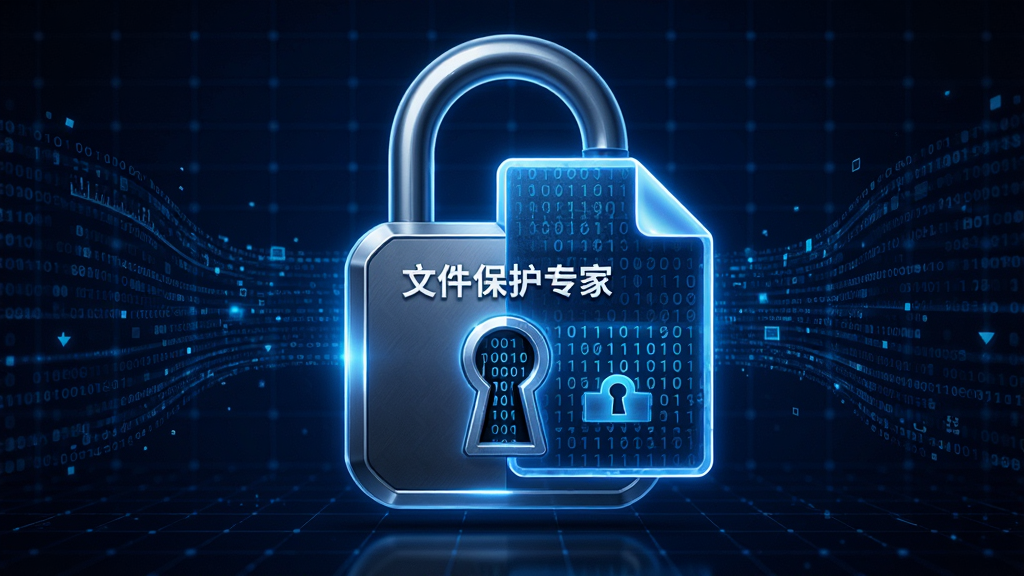 AI生图,画面主体为一个发光的数字锁与文件图标融合在一起,锁体表面有“文件保护专家”字样,背景为深蓝色科技感网格与流动的数据流,布局为中心对称构图,风格为科技感写实插画,细节包括锁孔中的二进制代码、文件图标上的加密纹理,画质高清,干净,无多余元素