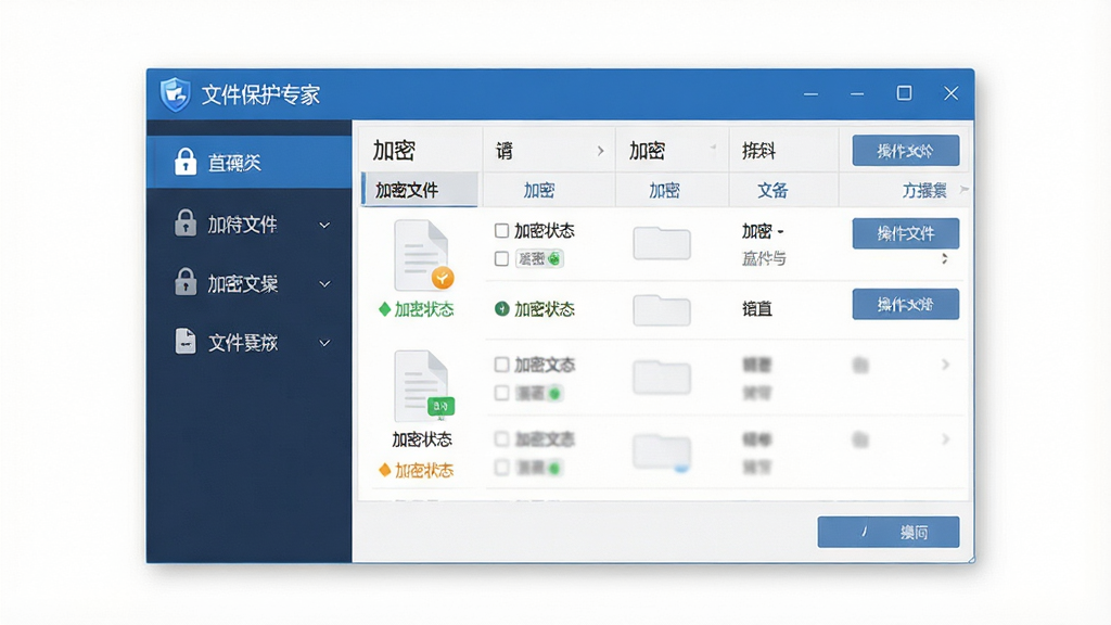 软件主界面截图,画面中央为“文件保护专家”软件窗口,左侧为功能导航栏,右侧展示加密文件列表与操作按钮,整体布局简洁清晰,风格为现代软件界面设计,细节包括锁形图标、文件缩略图、加密状态标识,画质高清,干净,无多余元素