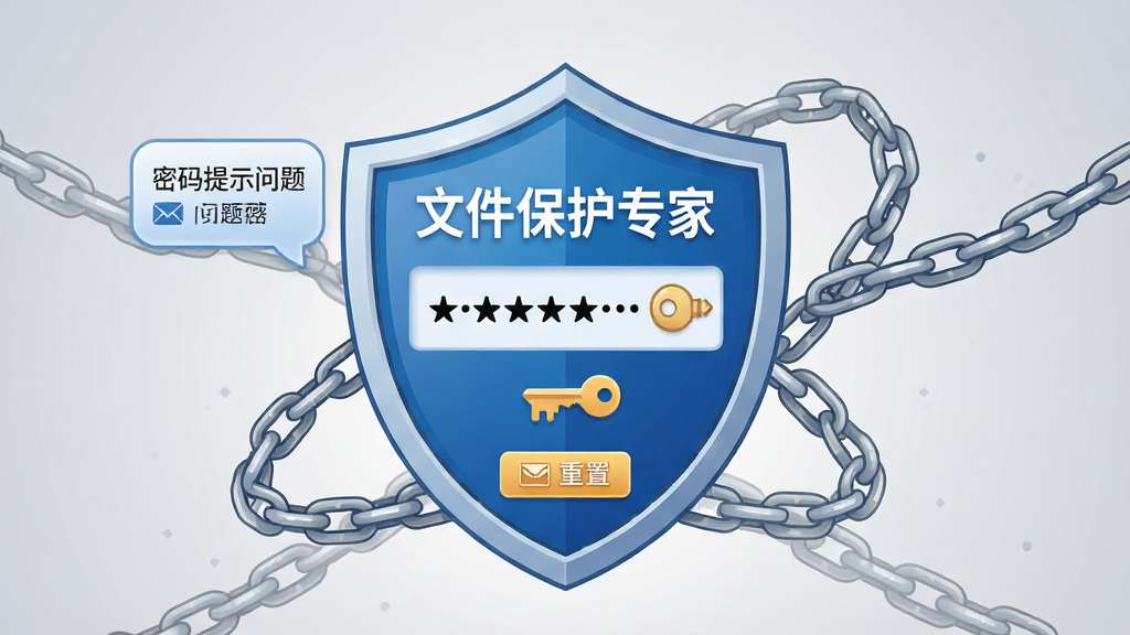 AI生图,画面主体为一个盾牌形状的密码输入框,输入框上方有“文件保护专家”字样,盾牌内部显示星号密码与钥匙图标,背景为浅灰色渐变与锁链环绕,布局为居中对称构图,风格为安全防护主题插画,细节包括密码提示问题气泡、邮箱图标、重置按钮,画质高清,干净,无多余元素