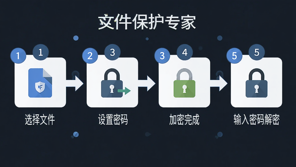 AI生图,画面主体为“文件保护专家”软件的新手操作流程图,从左到右依次为选择文件、设置密码、加密完成、输入密码解密四个步骤,每个步骤配有图标和简短文字说明,布局为横向流程图,风格为扁平化信息图风格,细节包括箭头连接、步骤编号、锁形图标,画质高清,干净,无多余元素